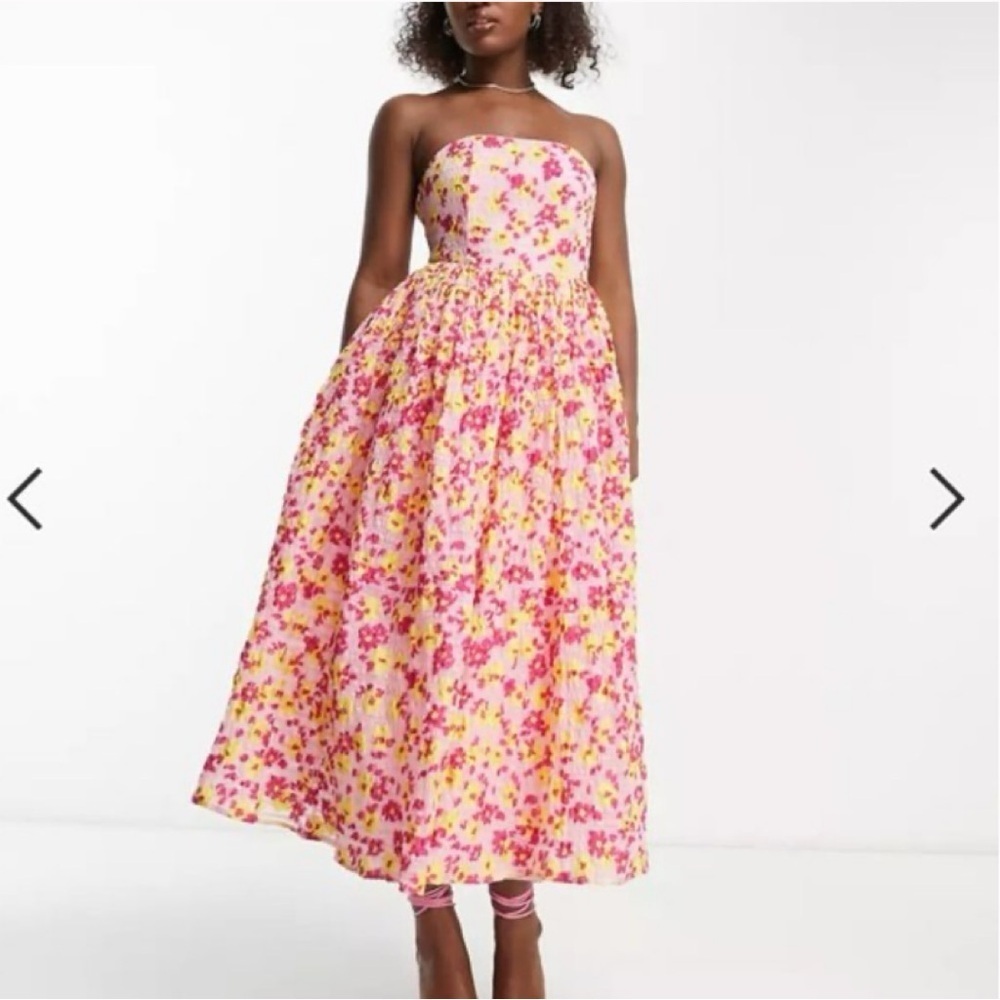 Maya Deluxe Floral Tutti Frutti Midi Strapless Dress NWT - Picture 2 of 9